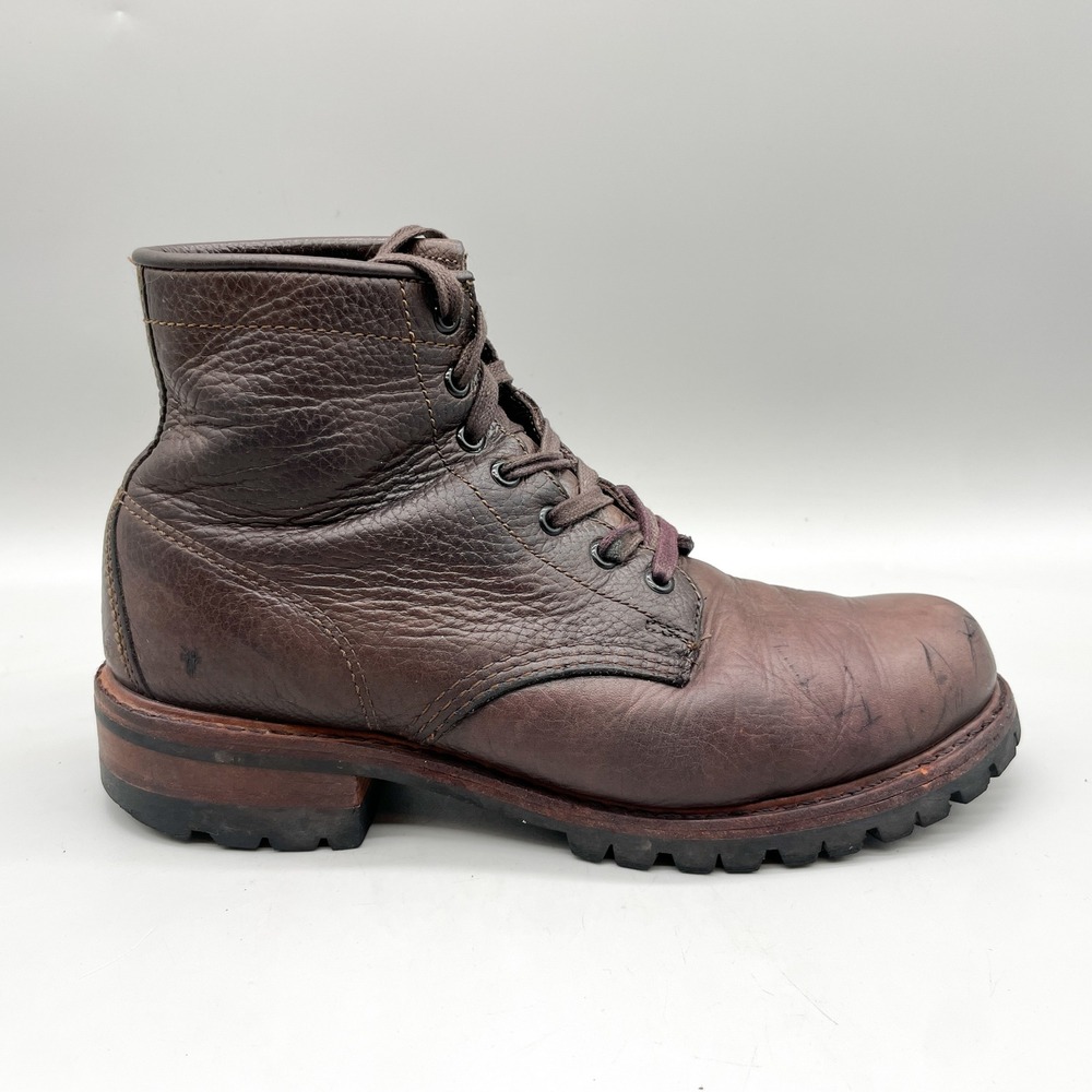 Frye Mens 9 M Arkansas Logger Boots Brown Leather Lug Sole Heritage Rustic USA